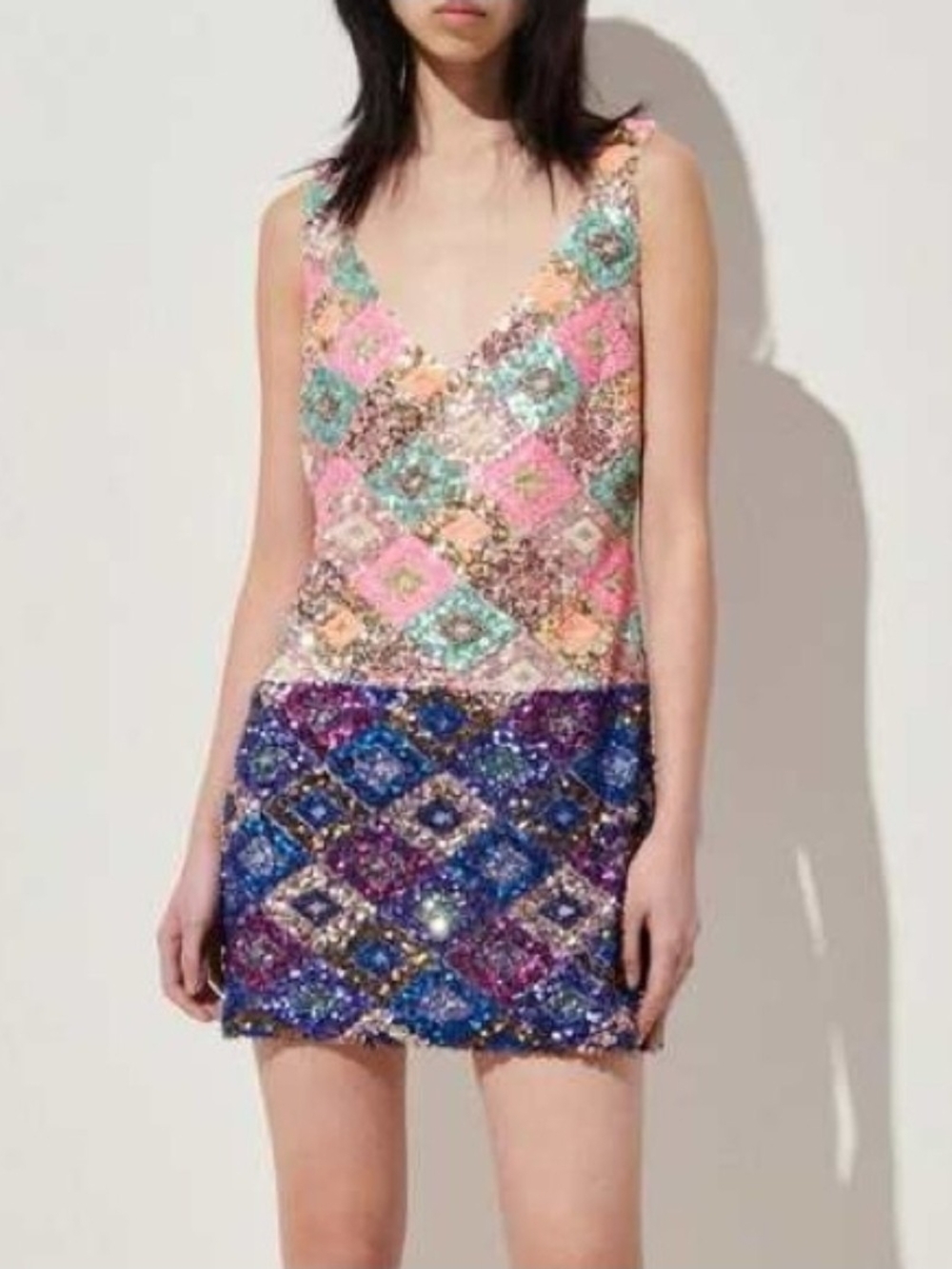 Rachel Comey Multicolor Sequin Patchwork V-Neck Mini Dress